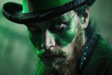 Poster - A person wearing green face paint for a costume or festival, possibly for Halloween or St