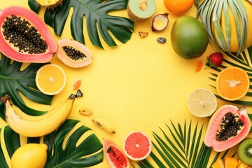 Poster - A colorful arrangement of various tropical fruits against a bright yellow background