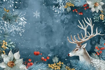 Poster - A watercolor painting of a deer surrounded by festive holiday decorations