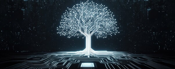 Poster - Futuristic circuit board tree with interconnected digital branches depicting technological growth and innovation