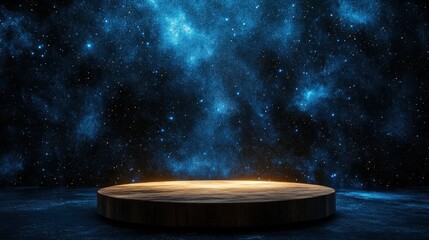 Wall Mural - Captivating starry night sky with a glowing wooden platform beneath a sea of stars and cosmic wonders