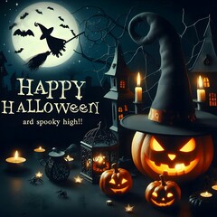 Halloween background with pumpkins and witch in front for wish card 