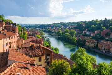 Wall Mural - A scenic view of a serene river flowing through a vibrant town. Lush greenery and charming roofs create a picturesque landscape. Enjoy the beauty of nature. Generative AI