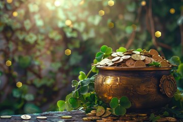 Poster - A gold pot filled with shiny coins sitting on a table, great for business or financial themed projects