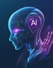 Poster - Futuristic AI robot head with glowing circuits and text symbolizing artificial intelligence innovation and technology