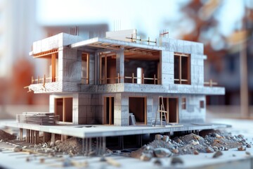 Aufkleber - A small scale model of a house under construction on a table