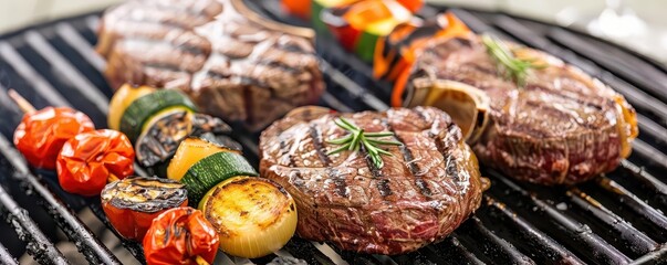 Dry-aged steaks grilling, with a side of charred vegetables, grilling, balanced gourmet meal