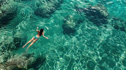 A woman floats calmly on the surface of the clear blue water, surrounded by calmness and serenity