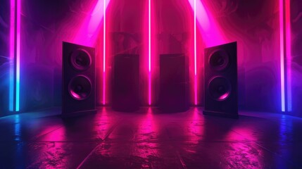 Poster - Two people speaking in a room with colorful lights, ideal for presentations or public speaking concepts