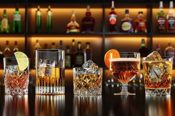 Aufkleber - A close-up shot of multiple glasses filled with different beverages, including soda, juice, and more