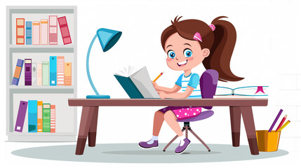 Sketch of a smiling girl sitting at a table, doing her homework. A bookshelf is nearby. Isolated on a white background. Back to school.