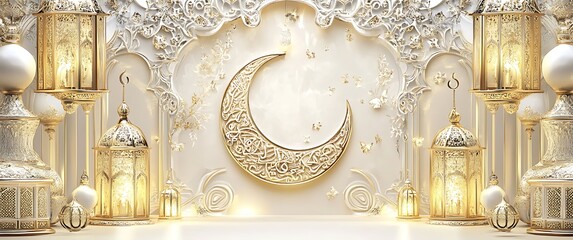 Wall Mural - Eid Mubarak and Ramadan Kareem greetings with an Islam crescent, lantern, mosque banner backdrop