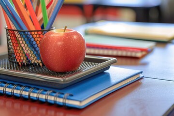 Poster - A bright red apple sits atop a stack of books, with the words 'Knowledge is Power' displayed prominently