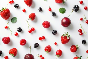 Poster - Fresh berries and cherries arranged on a clean white surface, ideal for food or still life photography