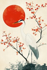 Illustration of a heron in Japanese style with elements of red color. postcard, illustration for design