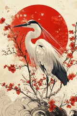  Illustration of a heron in Japanese style with elements of red color. postcard, illustration for design