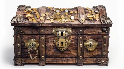 A weathered wooden treasure chest with ornate brass hinges and lock, overflowing with gold coins, precious gems, and ancient artifacts.