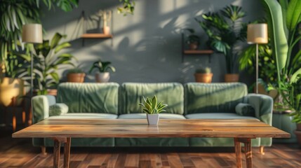 Poster - Cozy living space with a green couch and wooden table