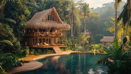 Wall Mural - Tropical jungle resort with pool and wooden hut.