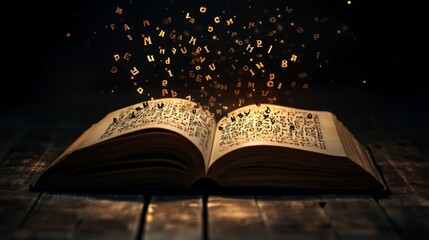 An open book with letters ascending from its pages, creating a mesmerizing magical effect, set against a dark, wooden background with sparkling light accents.