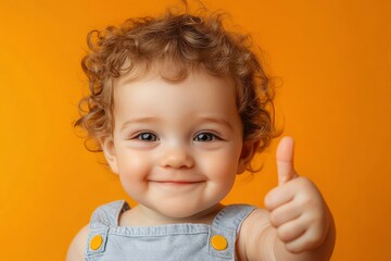 Adorable baby boy showing thumb up on orange background. Happy child with curly hair. A smiling toddler giving a thumbs up with generative ai