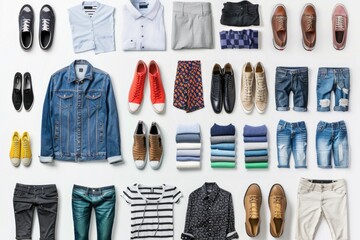 Aufkleber - Variety of men's clothing and shoes arranged on a white surface for display or styling