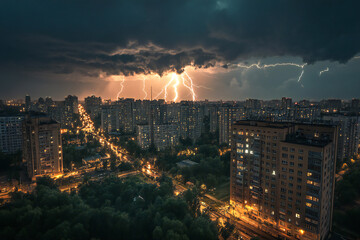 Eternal Lightning, continuous flashes of lightning illuminate the night sky above the city