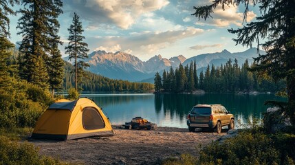 camping by the lake with an suv and tent