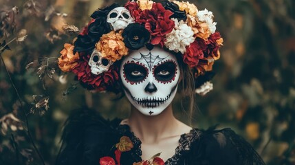 Canvas Print - A woman with a skull face painted in flowers and leaves, AI