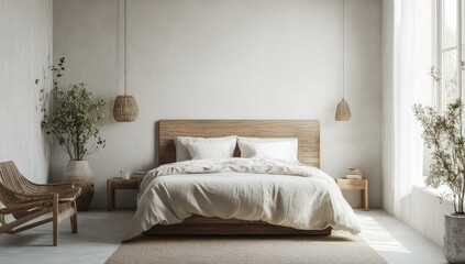 Wall Mural - Minimalist bedroom with wooden bed and white linens.