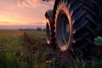 Poster - A tractor sits in a field with a beautiful sunset in the background