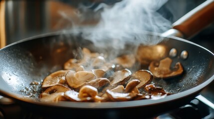 Poster - High-definition shot of a shiitake mushroom being saut in a pan, capturing the sizzling action and the golden-brown color developing on the mushrooms.