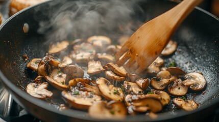 Poster - High-definition shot of a shiitake mushroom being saut in a pan, capturing the sizzling action and the golden-brown color developing on the mushrooms.