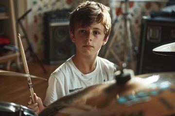 Aufkleber - Young musician plays drums in a room setting
