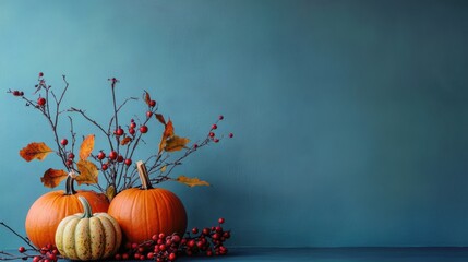 Poster - A group of pumpkins and berries on a blue background, AI