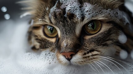 Poster - High-resolution close-up of a cat's head and shoulders during bath time, with soap bubbles and water droplets on its fur, highlighting its clean and fluffy appearance.