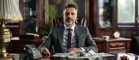 Wealthy businessman in a suit, sitting at a desk with dollars, luxurious office background, portrait photography.