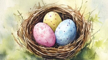 Wall Mural - Watercolor depiction of Easter eggs nestled in a nest