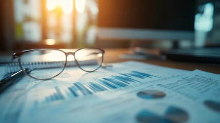Leinwandbilder - High-resolution close-up of a financial report with graphs and charts, showcasing detailed analysis and data visualization on a modern desk.