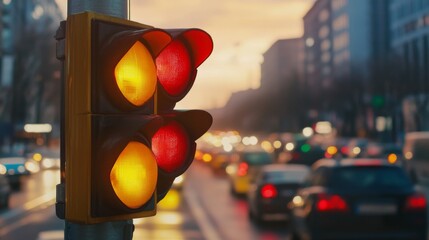 Aufkleber - High-resolution close-up of a traffic light in the process of changing from yellow to red, capturing the transition and the surrounding traffic.