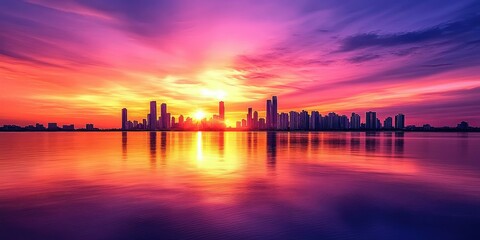 Wall Mural - Silhouetted city skyline at sunset, reflecting on water.