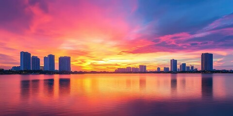 Wall Mural - City skyline reflected in calm water at sunset.