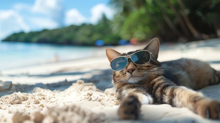 A cat wearing sunglasses is relaxing on a beach.