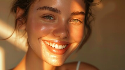 Canvas Print - A close-up shot of a woman smiling, perfect for conveying happiness and positivity