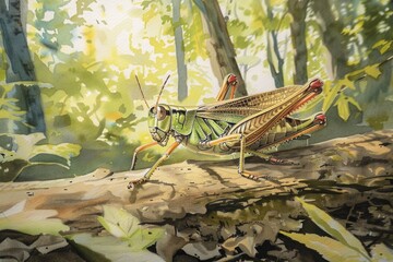 Poster - A colorful grasshopper perched on a rustic log, perfect for whimsical illustrations or nature-inspired designs