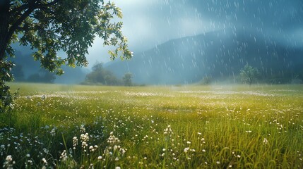 Wall Mural - Rain falls on a field of wildflowers with a forest in the background.