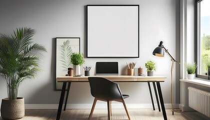 Scandinavian Workspace - A contemporary poster mockup set in a modern Nordic Scandinavian home office. Graphic art illustration. Ai Generated