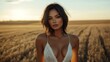 © Kenny - Beautiful Woman in Lace Dress Posing in Sunlit Wheat Field During Golden Hour