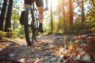 Poster - A person rides a bike along a winding trail surrounded by trees and foliage