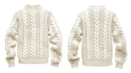 Blank cream cable knit sweater mockup, front and back view, isolated on a white background. 